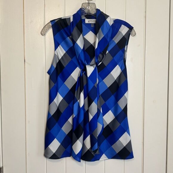 Kasper Women's Blue Plaid Sleeveless Blouse V Neck Bow Tie MEDIUM - Picture 3 of 5